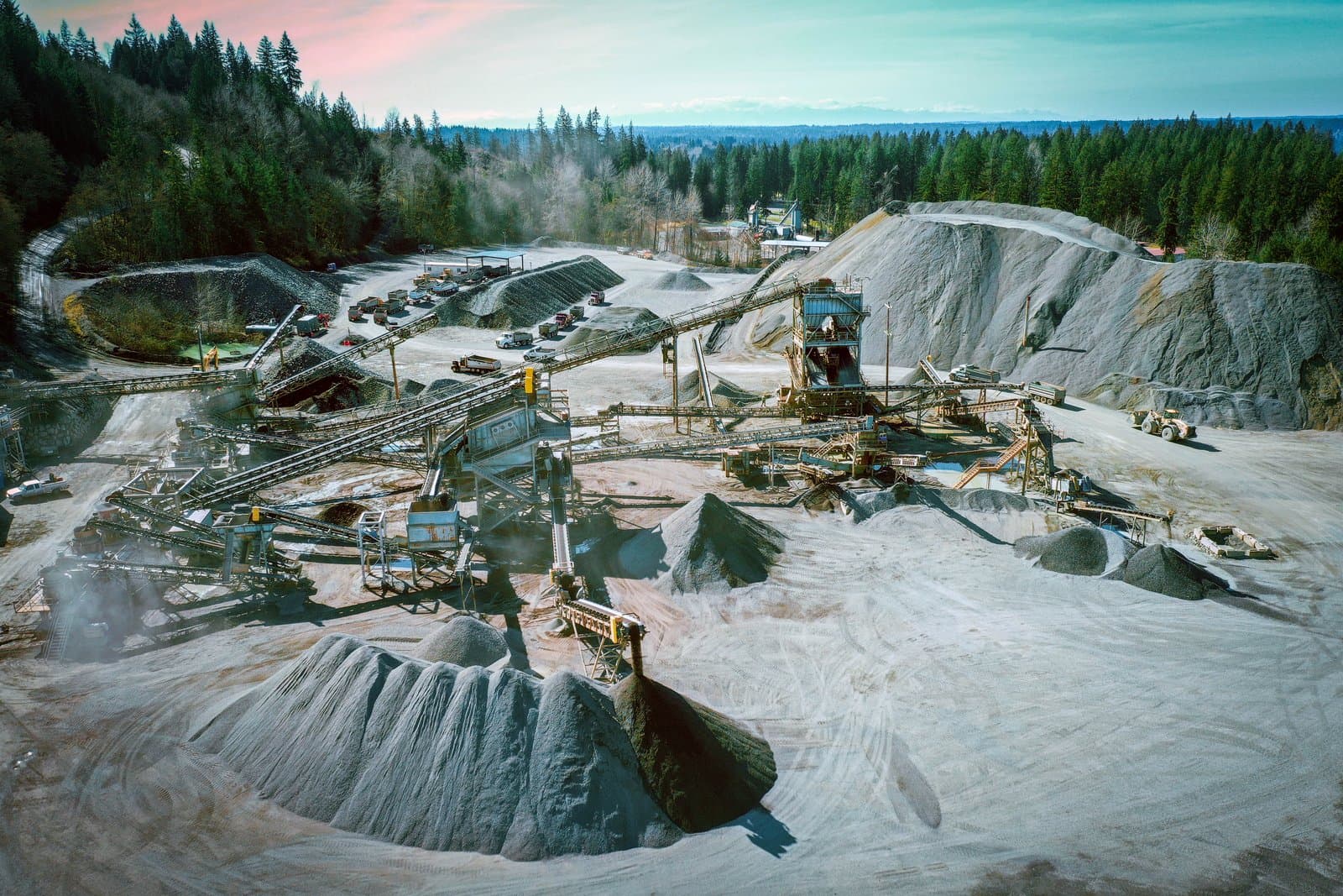 Drone aerial of the full Iron Mountain Quarry operation — stockpiles, crushing plant and haul roads.